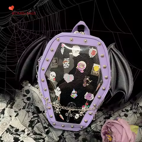 Bat Wings Coffin Ita Bag for Goth Pin Collector Women Shoulder Bag Small Clear School Bag Punk Ita P