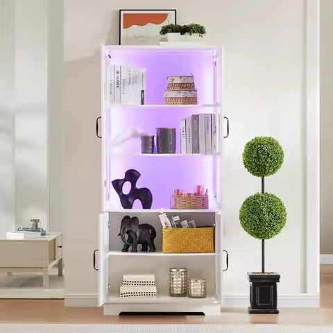 71-inch Tall Modern Locker with Glass Doors and LED Lights, Large Display Case, Five Shelves