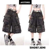 Jaystoree Jaystoree | JEMI Jean Shorts with box pockets in GRAY/BLUE Unisex form Wide-leg denim carg