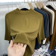 Korean Version T-Shirt Loose Stand-Up Collar Stretch Five-Point Sleeve Bottoming Top D6AO