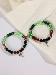 Conjunto de 2 pulseras con cuentas de colores y colgante de árbol de coco para mujeres, hombres o parejas con pulsera magnética, joyería de playa