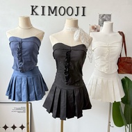 【T889】KIMOOJI 小个子Premium Soft Denim Tank Tube Top + Pleated Inner Skirt Dress甜辣风抹胸上衣+弹力牛仔百褶裙 泰国现货套装女