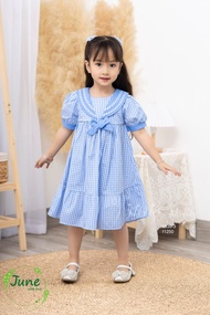 Đầm xanh caro thủy thủ cho bé gái hàng thiết kế June Kawaii bebe hàng hè 2023