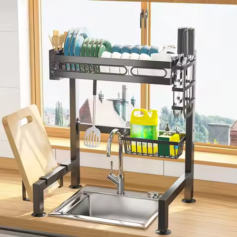 1-Tier Over The Sink Dish Drying Rack 55cm, Heavy Duty Carbon Steel Kitchen Organiser with Cutlery &