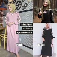 Afina Maxi-Dress hitam- Gamis Motif bunga- Pakaian muslim wanita .