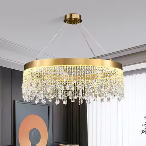 Modern K9 Crystal Chandelier High Quality Gold LED Round Ceiling Suspension Lamp for Living Room Din