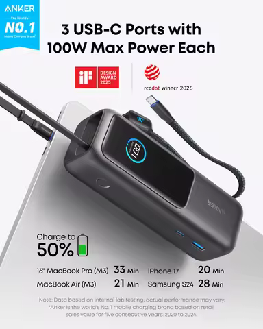 Anker A1695 25000mAh Power Bank 165W USB C Laptop Power Bank 100W PD Fast Charging Built in Retracta