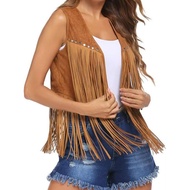 Womens Fringe Vest 70s Hippie Clothes Sleeveless Faux Suede Tassel Cowgirl Western Outfits S-XL