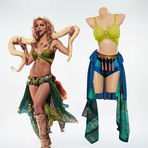 Adult Women's Funny Cabaret Performance Costume, Lime Green Gemstone Top with Blue-Green Patterned T
