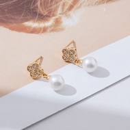 Japan Akoya White Pearl < Vatican Four-Leaf Clover} Real Seafood Peach Heart Pearl Earrings 6-7mm [P