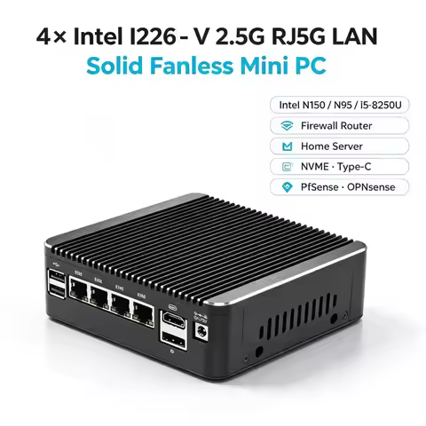 Solid Fanless Mini PC Intel N150 N95 Firewall Router I5-8250U 6405U 4417U 4x2.5G LANs Home Server NV