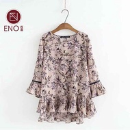 ENO Blause Women Muslimah Blaus Wanita Plus Saiz Fashion Blouse Kembang Loose Ladies Baju Floral Casual Loose Flare 3/4 Sleeve Blouse Vintage Ruched Tops L-5XL T Shirt Murah Lengan Kembang Women Clothing Baju Wanita Murah Blouse T-shirts Baju Bla