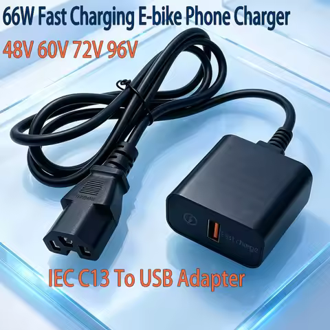 2pcs 66W Fast Charging E-bike Phone Charger 12-100V C13 to USB Adapter for 48V 60V 72V 96V Electric 