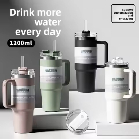 40oz Stainless Steel Insulated Tumbler with Handle And Straw - Keeps Cold for 24 Hrs Car Coffee Wate