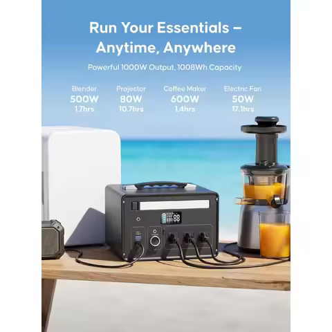 Portable Power Station 1000W (2000W Surge), 1008Wh LiFePO4 Power Station with 3 AC Outlet, 140W USB-