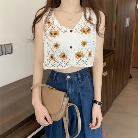 Women Sweet Cotton Camisole Summer Floral Embroidery Sleeveless Buttons Front Crop Tops Beach Sweet 