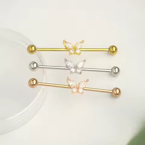 External thread piercing jewelry Industrial barbell earrings Butterfly zircon ear bridge double pier