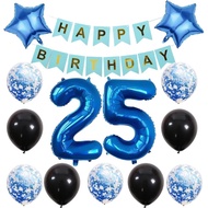 25 Birthday Party Supplies Blue Number Foil Balloon Happy Banner Kit 25th Decoration Black Latex Con