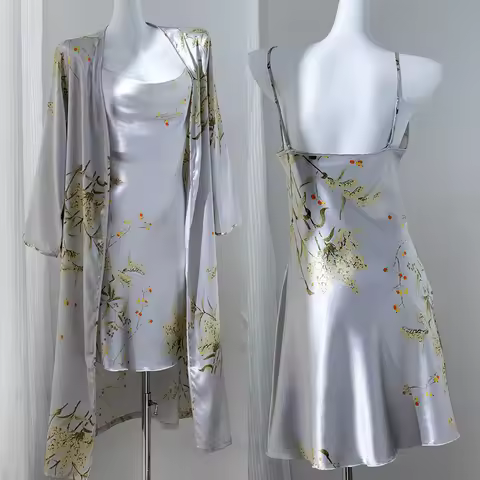 Night Wear Female Big Size 3Xl 4Xl 5Xl Night Dress with Robe Kimono Gown Satin Print Lingerie Set Tw