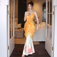 CHANGTONG | French Design Sensation Gradient Color Block Dress High Waist Long Gown No Sleeve V-Neck