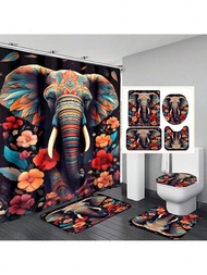 1入組/4入組防水耐用的大象動物圖案多功能裝飾淋浴簾,附帶12個掛勾、浴室防滑墊、u型地墊和圓形馬桶座套,全場景浴室套裝