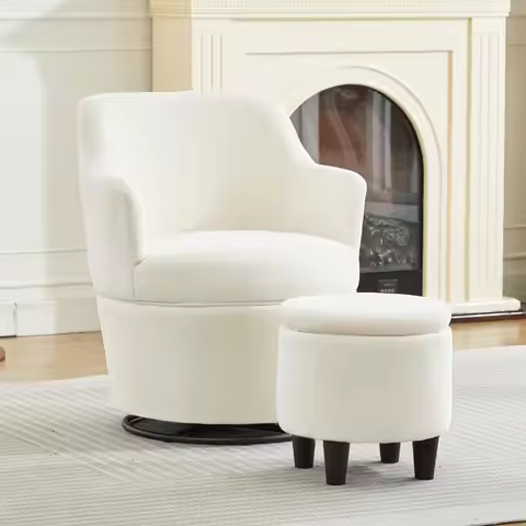 Swivel Accent Chair with Storage Ottoman, Small 360 Barrel Reading Chair with Ottoman, Comfy Single 