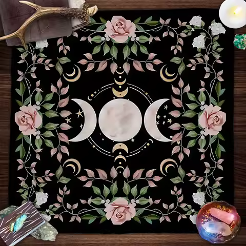 Triple Moon Altar Cloth Tarot Cloth For Spread Tarot Reading Cloth Moon Phase Pink Flower Tarot Mat 
