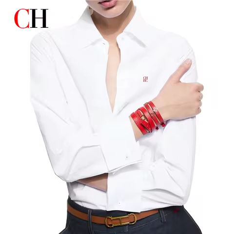 CH Women's Clothing -Women's White Button Down Shirt CHHC Logo Embroidered Long Sleeve Casual Formal