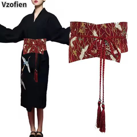 Japanese Kimono Girdle Asian Cardigan Obi Harajuku Vintage Belt Women Traditional Crane Printed Yuka