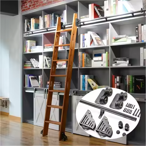 13FT(400cm) Sliding Library Hardware Kit No Ladder,Black Rustic Round Tube Rolling Ladder Track,Floo