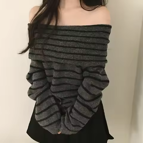 Off Shoulder Sweater Long Sleeve Button Knitted Top with Open Shoulder Off-the-Shoulder Pullovers El
