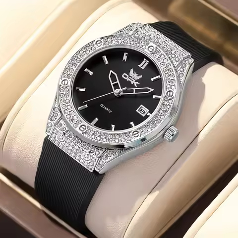 OPK 6067 Elegant Style Men Quartz Watch Brilliant Shine 30M Waterproof Zircon Inlay Silicone Strap C