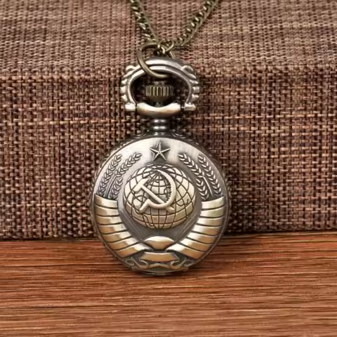 Pocket Watch Vintage USSR Soviet Badges Sickle Hammer Necklace Bronze Pendant Chain Clock Fashion Em