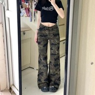 美式復古迷彩工裝喇叭褲女裝 低腰微喇叭牛仔褲 拖地闊腳褲- 迷彩色 S