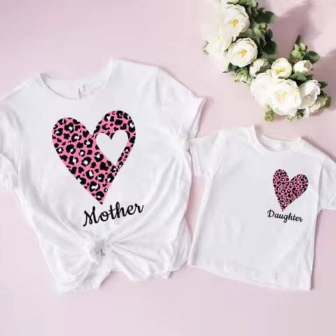 Family Matching Outfits Leopard Heart Print Family Clothes Mom Daughter Tshirt Summer Family Short S