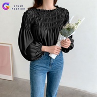 Crush Fashion Solid Color French Sweet Round Neck Pleated Design Loose Casual Versatile Puff Sleeve 