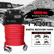 1" x 30FT Kinetic Recovery Rope 48000LBS Double Braid Nylon Offroad Tow Rope with Storage Bag for Je