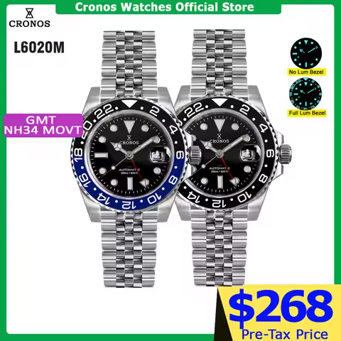 Cronos GMT NH34 Automatic Men WatchBidirectional Bezel Sapphire 20 ATM Solid, 5 Links Metal Bracelet