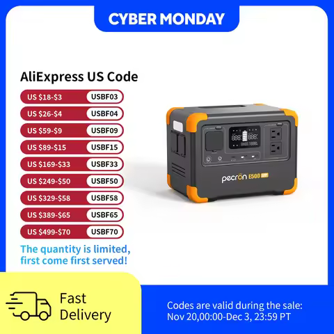 Pecron E500LFP Portable Power Station 576Wh LiFePO4 Battery with 2x600W AC Outlets Fast Charging Sol