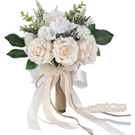 Wedding Bouquets for Bride Bridesmaid,White Champagne Artificial Roses Flowers for Wedding Church De
