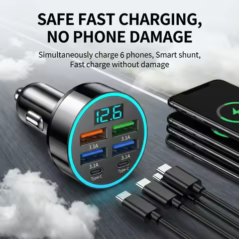 1PC 66W 6-In-1 Fast Car Charger 4USB 2Type-C PD QC3.0 Adapter Car Accessories for iPhone Android Sma
