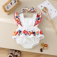 Two Pieces Baby Girls Summer Square Collar Printing Floral Fashion Ropmer For Newborn Items 0-1Y Vac