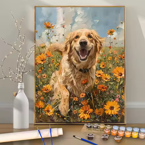 1PCS Golden Retriever in Flowers DIY Acrylic Digital Painting Kit For Beginners Home Wall Decor Fram