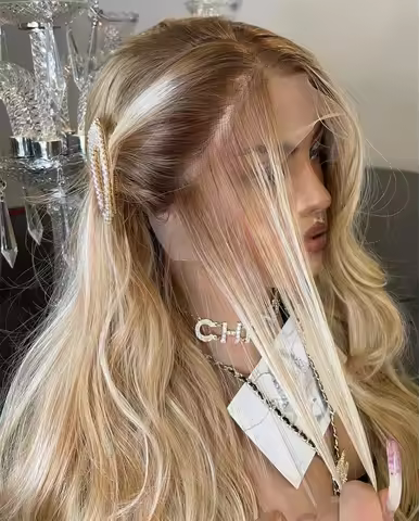 Golden Blonde Synthetic Blend Lace Front Wig Wavy 13x4 Hair Blonde Ombré Rooty Hair Natural Realisti