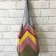 手作純棉配色大容量編織包/肩背包/購物袋/渡假包~復古配色