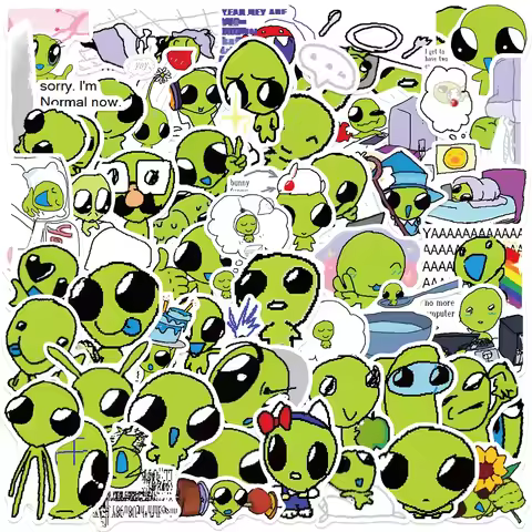 10/52PCS Alien Cartoon Stickers Cute Green Alien Graffiti Funny Decals Laptop Phone Guitar Bike Skat