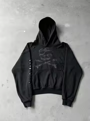 2026 Autumn Winter Women Gothic Grunge Skull Crossbones Hoodie Distressed Ripped Sleeve Oversized St