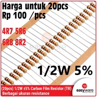 20x Carbon Film Resistor 1/2W 5% 4R7 5R6 6R8 8R2