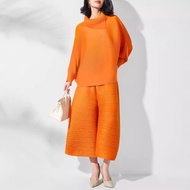 Womens New Fashion Pleated Suit Autumn Wide-leg Pants + Loose Top Two-piece Suit