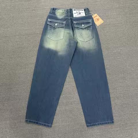 True Y2k Embroidered Baggy Jeans Designer 1:1 Best Quality Retro Blue Washed Rock Revival Pantalones